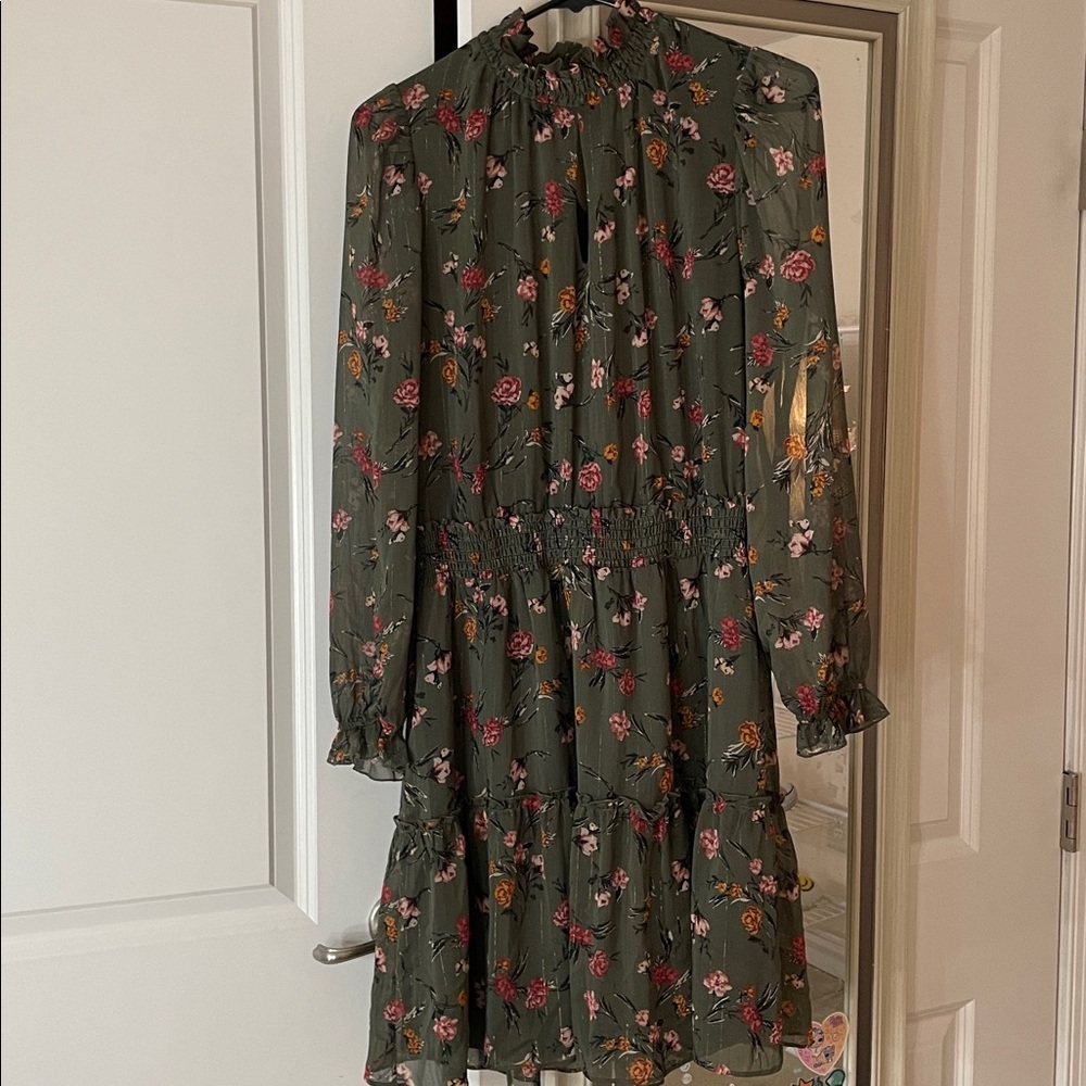 Anthropologie Drew Green Floral Chiffon Smocked High Neck Long Sleeve Dress - Picture 3 of 14